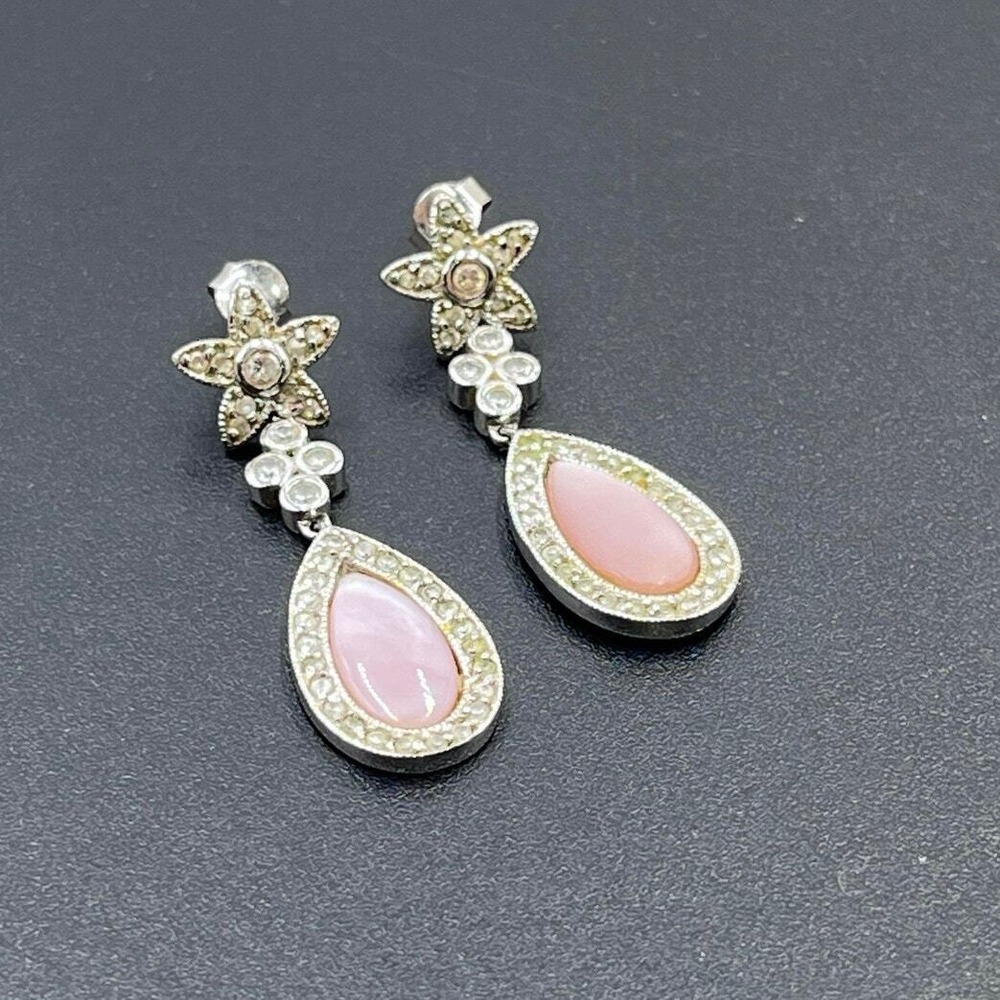 Chapal-Zenray NF 925 Pink Mother Of Pearl CZ Sterling Dangle Drop Earrings